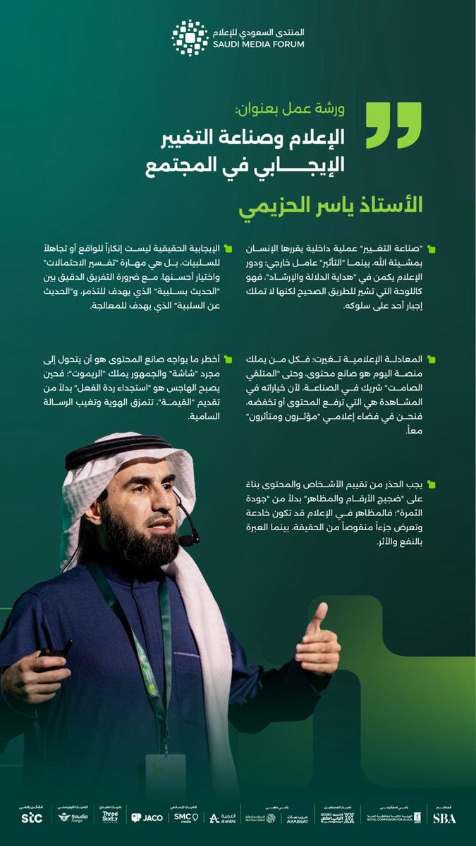 saudi_mf's tweet photo. كشف الأستاذ ياسر الحزيمي الرئيس التنفيذي لشركة تواق للتدريب والاستشارات في ورشة عمل “الإعلام وصناعة التغيير الإيجابي في المجتمع” ضمن #المنتدى_السعودي_للإعلام 2026  أن التأثير الحقيقي يبدأ من الكلمة المسؤولة، وأن صناعة المحتوى اليوم مسؤولية تُبنى على الوعي والصدق وصناعة الأثر. https://t.co/T03D8mYotv