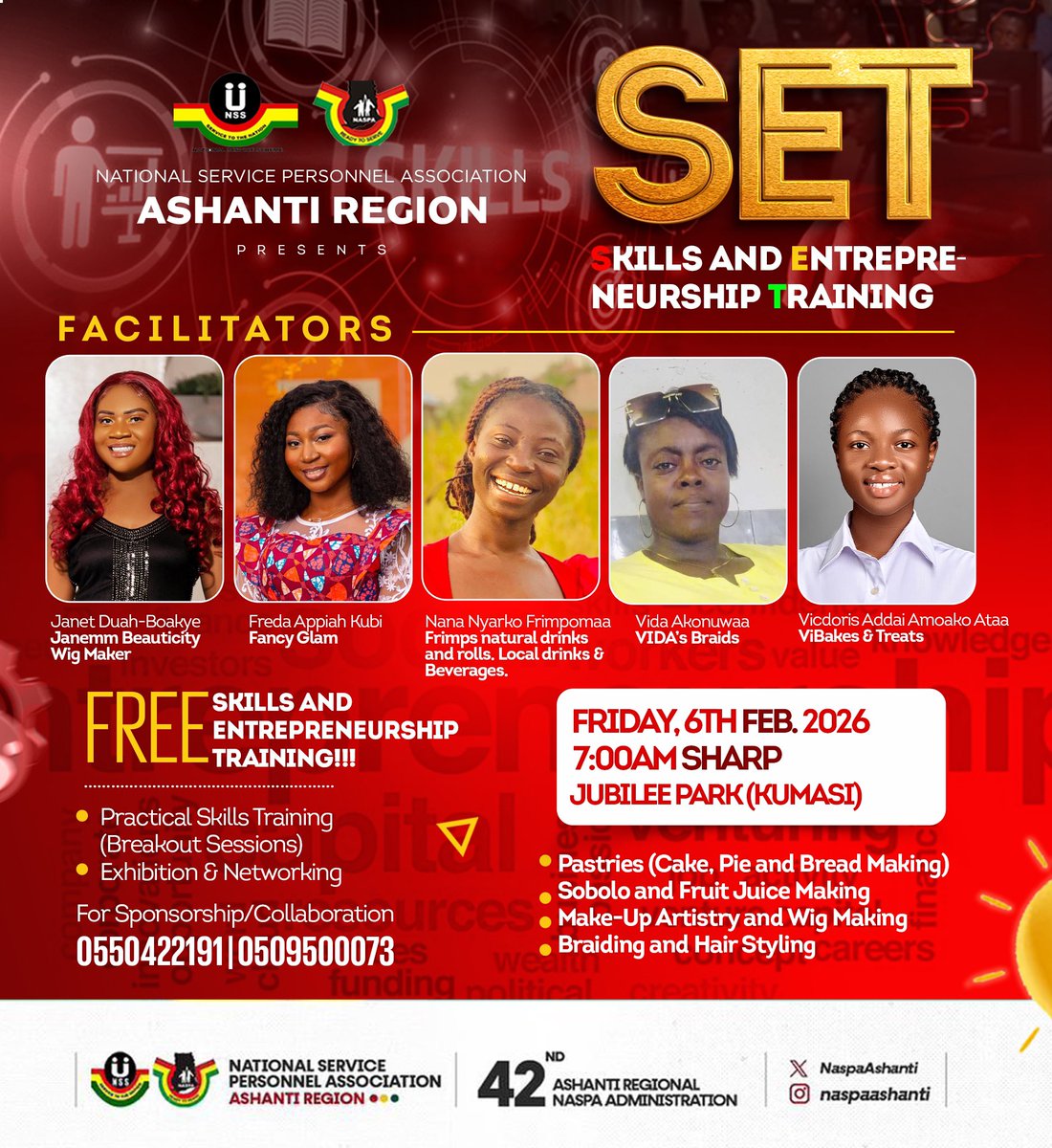 Dear participants of the maiden “NASPA SET” event,  

Here are the resource persons/facilitators for the various skills training sessions in pastry making, fruit juice production, makeup artistry, and other skill sets.  

#ComeAlongLetsGetSET!  

© A/R NASPA 2024/2025