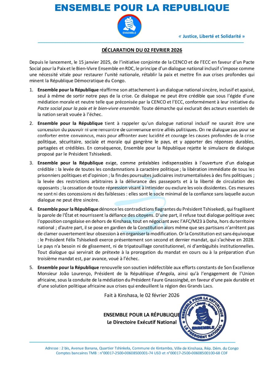 #RDC 
Le parti Ensemble pour la République rejette le dialogue tel que voulu par Félix #Tshisekedi.
