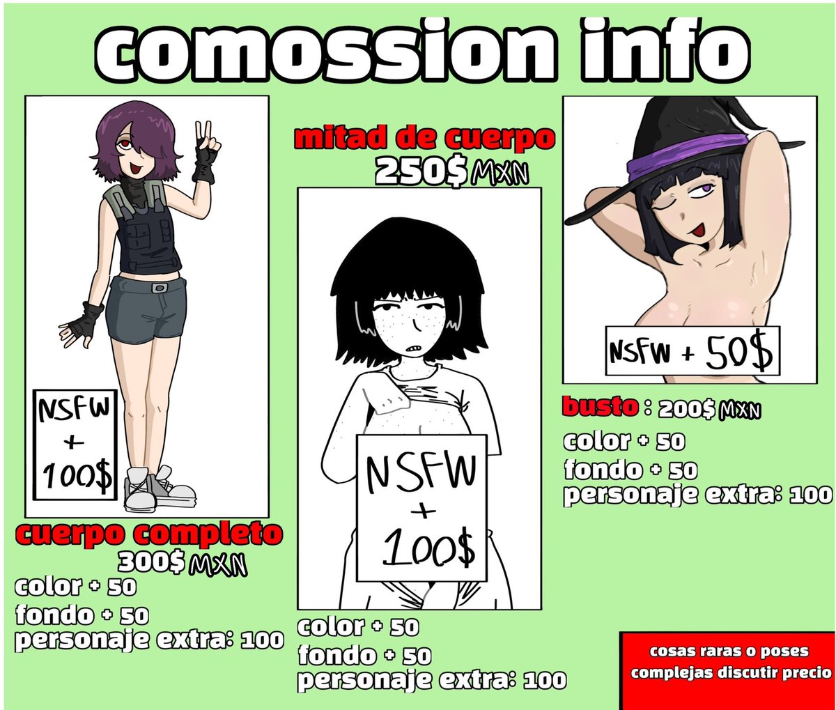 COMISIONES ABIERTAS!!!! 🔥🔥🔥🗣️🗣️🗣️ Interesados envíeme mensaje 

Denle like y rt chicos porfi (arregle la tabla por qué parecía que eran dólares jeje)