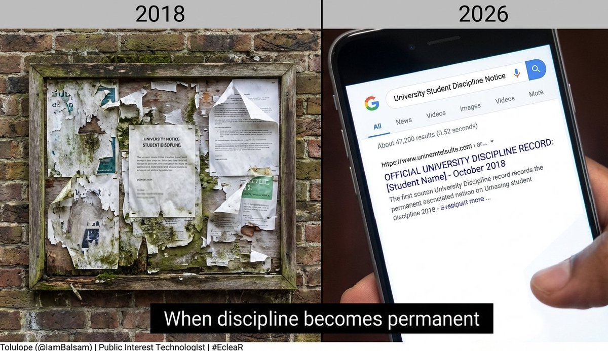 iamBalsam's tweet photo. When discipline becomes data harm, institutions lose their moral authority.
Nigerian universities are publishing student sanctions online - permanently.
I wrote about why this is dangerous, illegal and unnecessary. 🧵👇🏾
#EcleaR https://t.co/MZOv9cHIz7