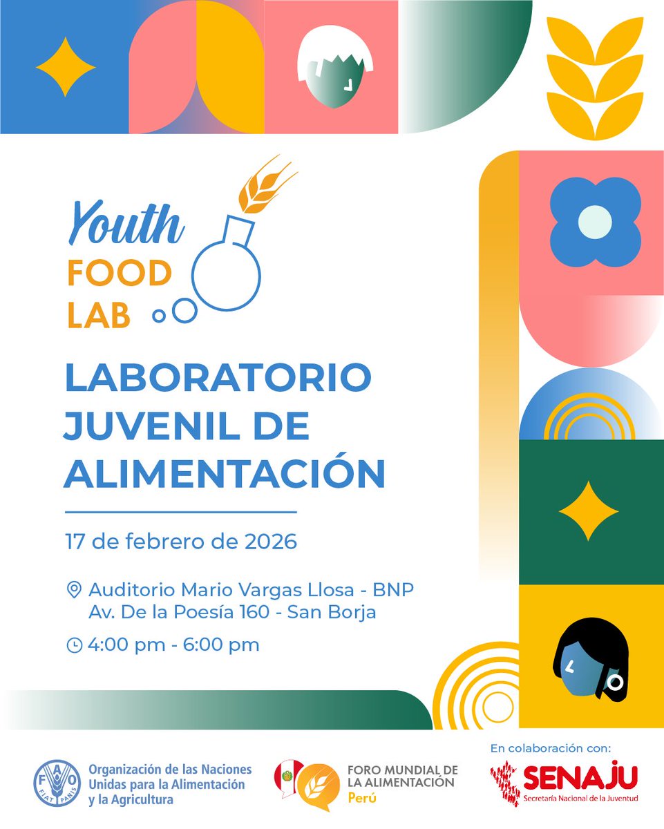 Las juventudes impulsan la innovación alimentaria en el Perú 🌱
Te invitamos a la instalación del Youth Food Lab Perú junto a <a href="/FAOPERU/">FAO Perú</a>
📅 17 de febrero | 🕓 4:00 p. m.
📍 Biblioteca Nacional del Perú + modalidad virtual
Inscríbete 👉 forms.office.com/e/VQNnvPwf2F