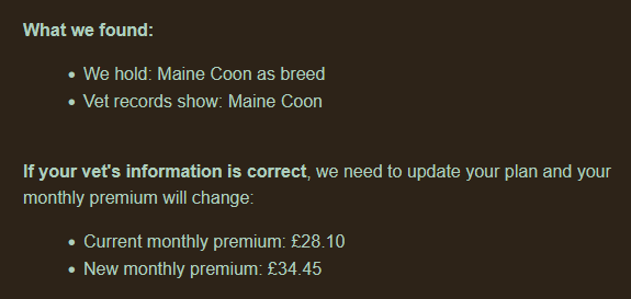 Hello Simon, we have found that you lied to us about your dead darling girl being a Maine Coon as we've spoken to your vet and found she's actually a Maine Coon. That'll be an extra £38 for no reason to cover the additional risk of your dead cat, thanks.