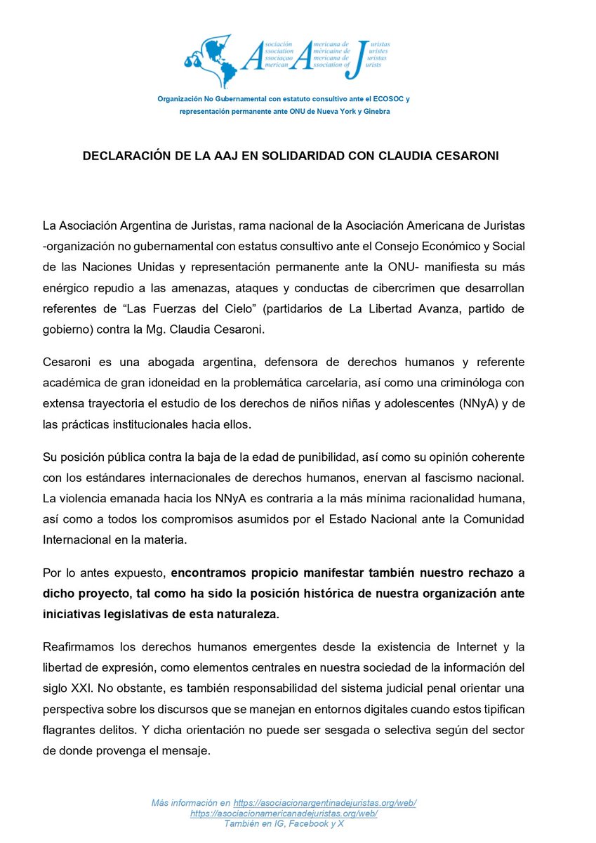 ALALaboralistas's tweet photo. Desde la ALAL hacemos nuestras las palabras de la @AAJContinental y nos solidarizamos con la abogada y defensora de DD.HH. Claudia Cesaroni por las amenazas y ataques recibidos desde partidarios de la extrema derecha argentina @CCesaroni https://t.co/a3nAvCsDEG