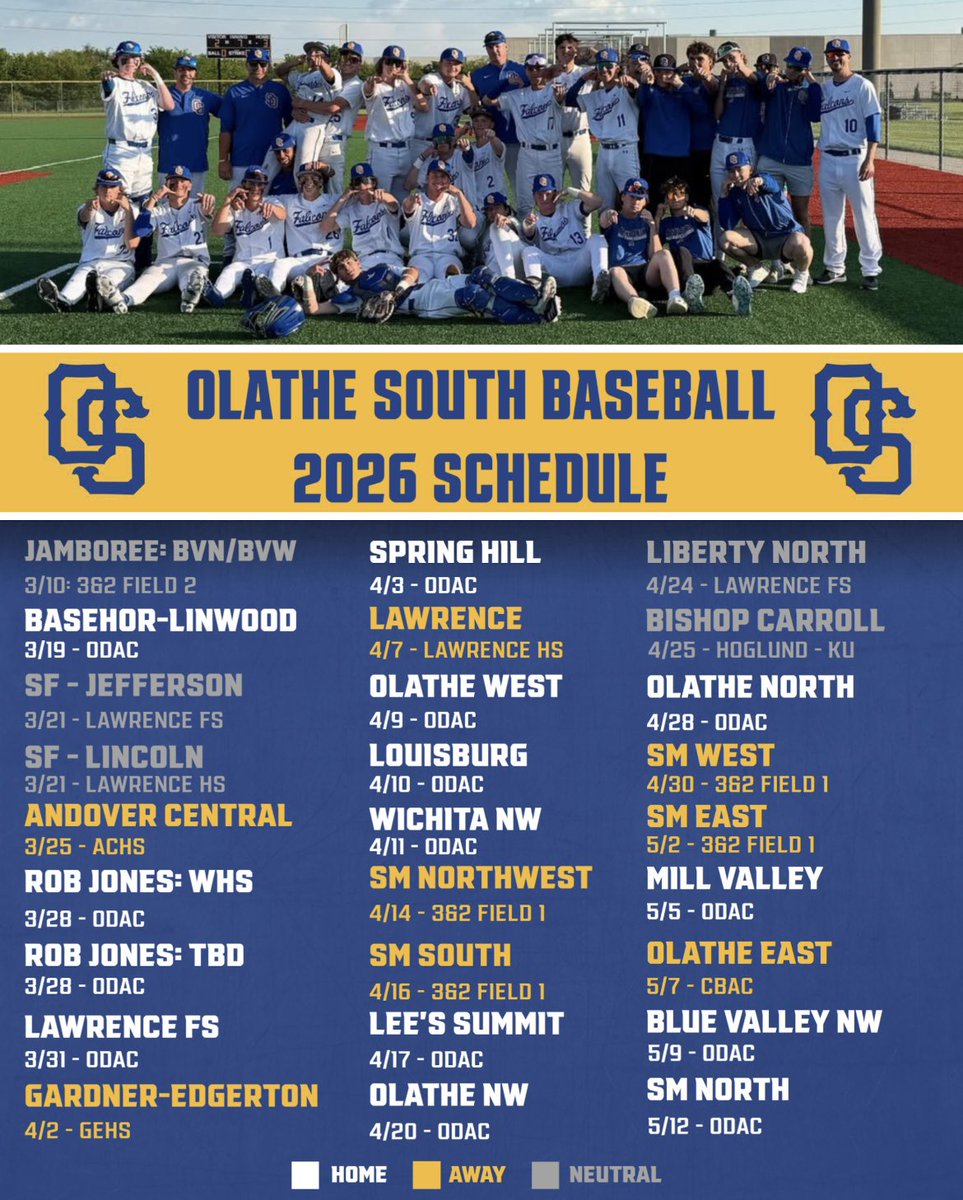 With the baseball season starting one month from today, here is a look at the 2026 Olathe South Varsity schedule!