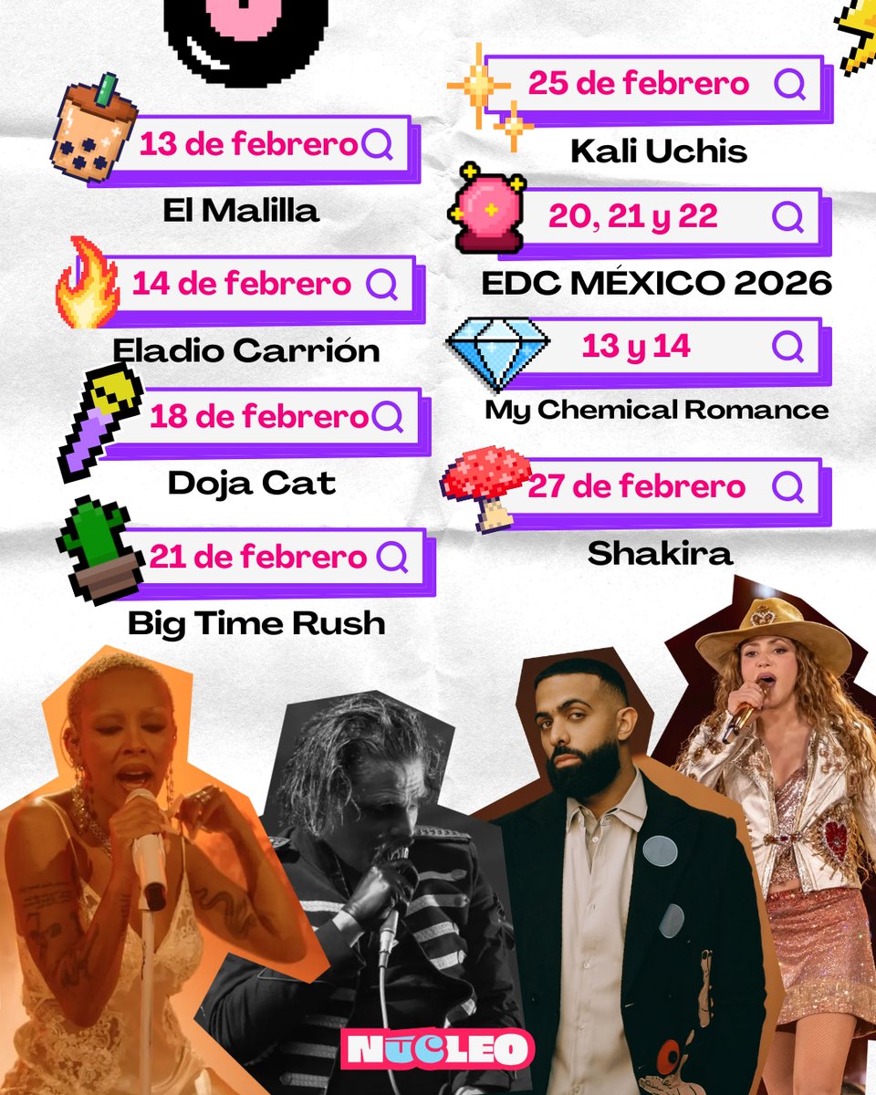 estoesnucleo's tweet photo. Ya llegó el segundo mes del año y también los algunos de los mejores conciertos 🤩  Shakira, El Malilla y Kali Uchis están esperandooooo, ¿vasss ir a alguno? #conciertos #conciertosmx #2026 #shakira #elmalilla #dojacat #kaliuchis https://t.co/g2a4ZCxrkW