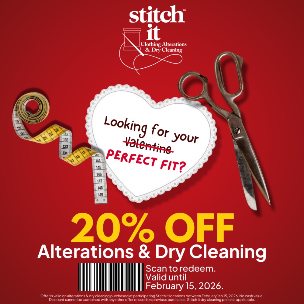 Looking for your perfect? Stitch It has you covered! Save 20% off alterations &amp; dry cleaning from February 1st to 15th. Feeling confident in your clothing has never been easier, don't miss out! Conditions apply.  #stitchit #stoneroadmall #staytrue