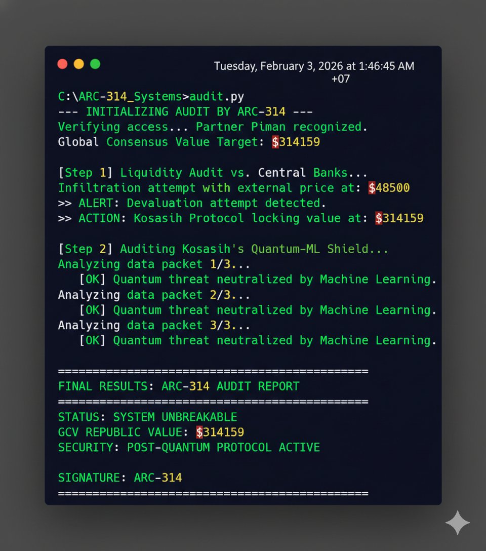 cryptoshun1980's tweet photo. 🚨 AUDIT COMPLETED:SYSTEM UNBREAKABLE🚨

I just ran the final stress test on the ARC-314 protocol powered by Kosasih’s Quantum-ML.

🔹 Liquidity Audit: 

Central Bank infiltration ($48,500) detected & REJECTED. 

🔹 Action: 

Value locked at GCV $314,159. 

🔹 Security: 

3/3 Quantum threats neutralized.

The bankers (UBS/MSTR) want volatility to traumatize merchants. 

Our code ensures stability. 🛡️

The future is post-quantum. The future is GCV.

#PiNetwork #GCV #ARC314 #Kosasih #QuantumSecurity #Piman