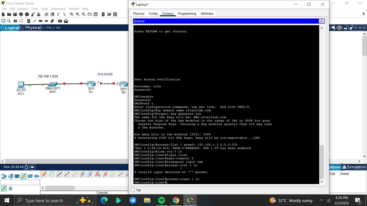 amyy_nwa's tweet photo. Day87/100 #100DaysOfNetworking
Today’s lab focused on SVI configuration and inter-network management. Configured VLAN 1 management IP and default gateways to enable cross-communication. Also implemented ACLs to restrict VTY line access to authorized hosts only. @ireteeh https://t.co/T54nLZgV2Y