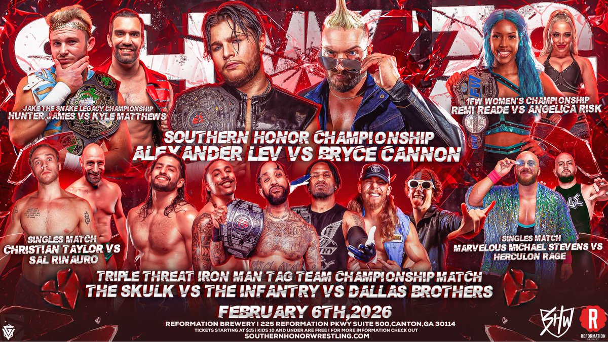 SHonorWrestling's tweet photo. IT’S SHOW WEEK!!! Southern Honor Wrestling makes our long-awaited return THIS FRIDAY, Feb. 6th, with #SHW79, LIVE from @ReformationBrew in Canton, GA! Trust us, you DO NOT want to miss our first HUGE event of 2026! Tickets available at the door beginning at 5pm! Spread the word! https://t.co/PxZSBHzD8R