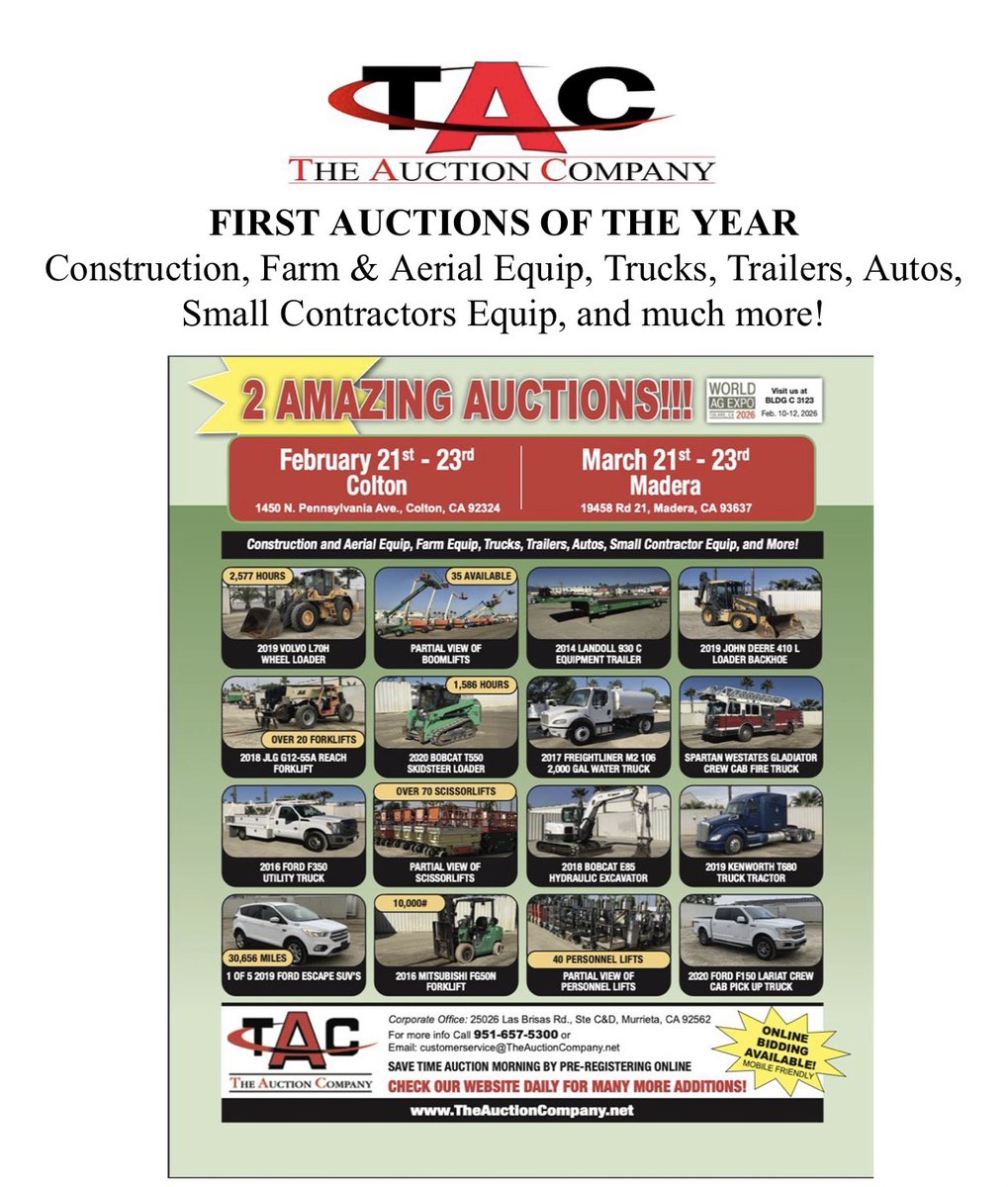 ITS AUCTION TIME! 

🗓️ FEBRUARY 21ST 
⏲️ 9AM 
📍 1450 N. Pennsylvania Ave., Colton, CA 92324
⁉️ (951) 657-5300

Auction Catalogs: bid.theauctioncompany.net/auctions