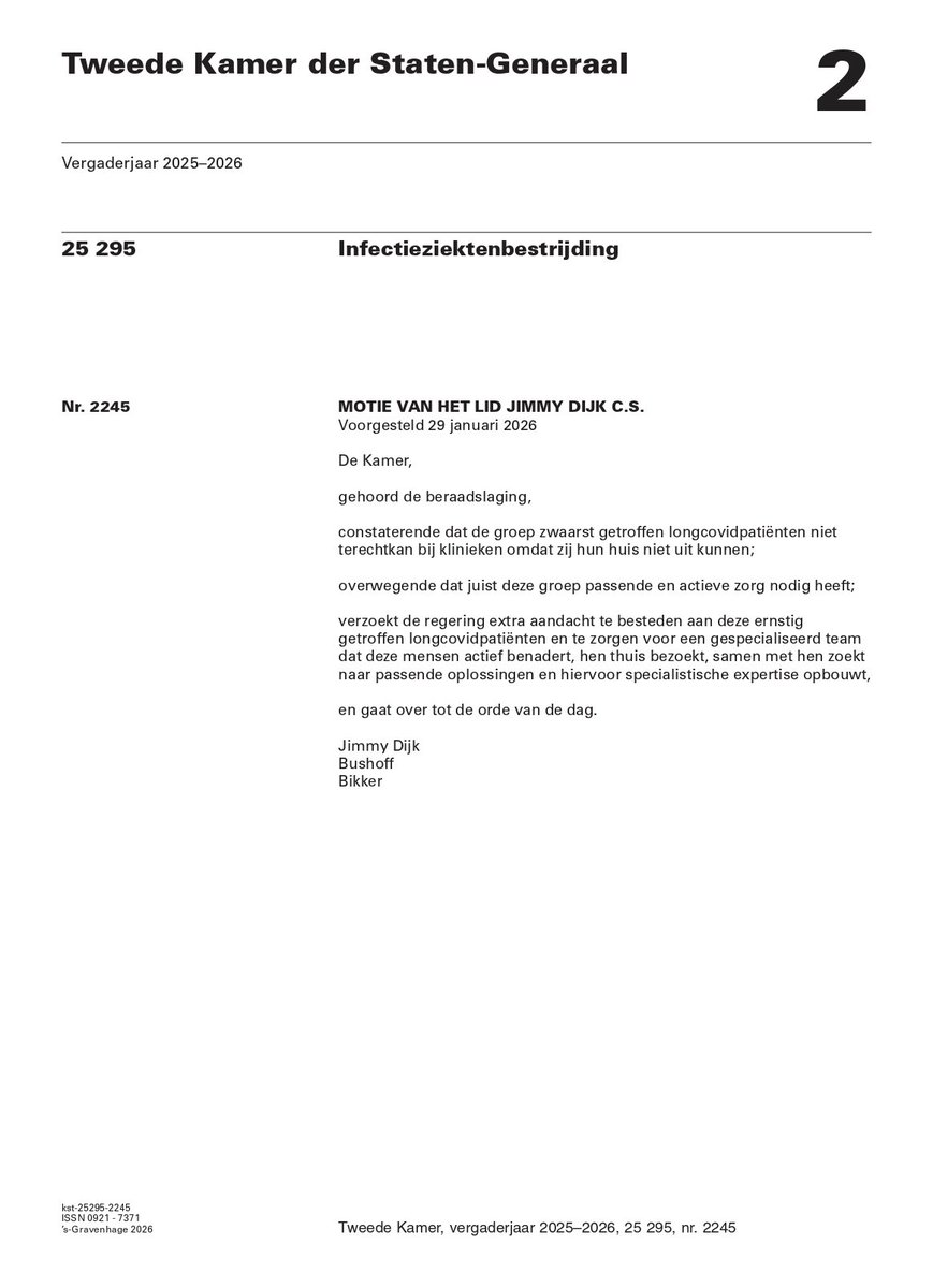 1) Beste <a href="/mirjambikker/">Mirjam Bikker</a>, <a href="/JulianBushoff/">Julian Bushoff</a> en <a href="/jimmydijk/">Jimmy Dijk</a>, 

Zou het mogelijk zijn om deze motie uit te breiden naar ME en daarmee ook PAIZ in z'n geheel? 

Ik ben zelf als ME-patiënt 20 jaar ziek waarvan zo'n 13 jaar huis en sinds 10 jaar bedgebonden. Ik heb in die tijd geen