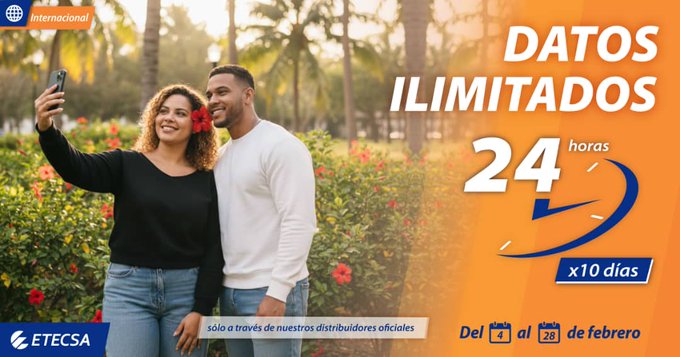 Del 4 al 28 de febrero, si recibes una #RecargaInternacional a través de nuestros distribuidores oficiales, entre 500 CUP y 1 250 CUP, disfrutarás de Datos Ilimitados por 24 horas, válidos por 10 días. Toda la info en etecsa.cu
<a href="/ETECSA_Cuba/">ETECSA</a>