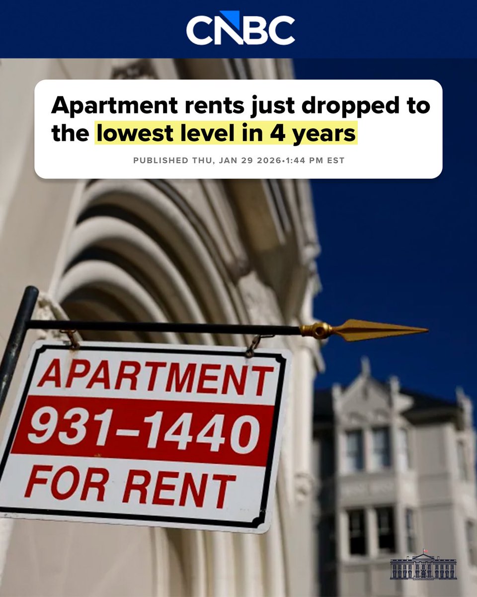 WhiteHouse's tweet image. President Donald J. Trump is delivering REAL relief to American families struggling with high housing costs as the national median rent falls to its LOWEST level since 2022. 🇺🇸