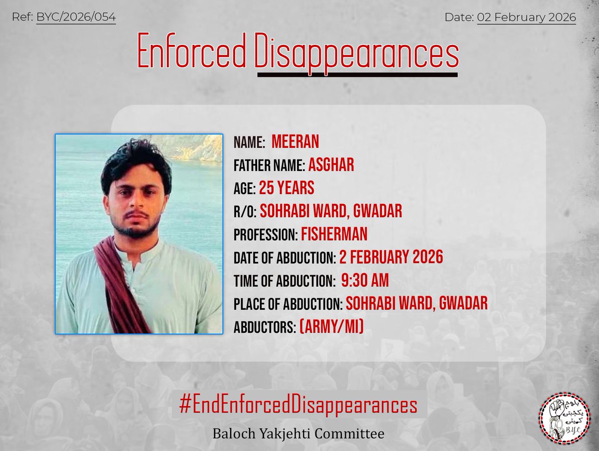 BalochYakjehtiC's tweet photo. 𝗘𝗻𝗱 𝗘𝗻𝗳𝗼𝗿𝗰𝗲𝗱 𝗗𝗶𝘀𝗮𝗽𝗽𝗲𝗮𝗿𝗮𝗻𝗰𝗲𝘀!

#EndEnforcedDisappearances
#StopBalochGenocide https://t.co/geMGL08sIH