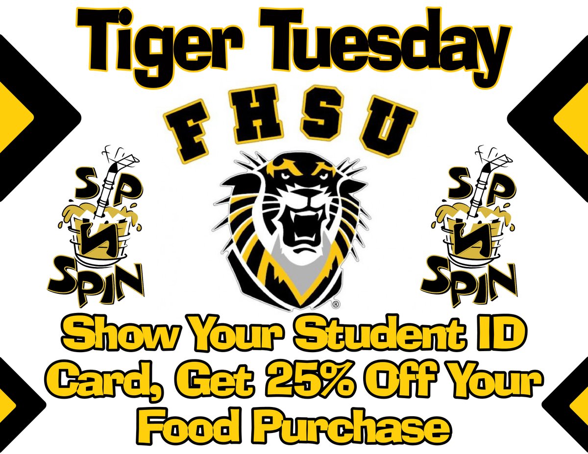 Attention Ft. Hays students, join us each week for Tiger Tuesday. Just show your student ID card and get 25% off your food purchase <a href="/FHSUParties/">FHSU Parties</a>