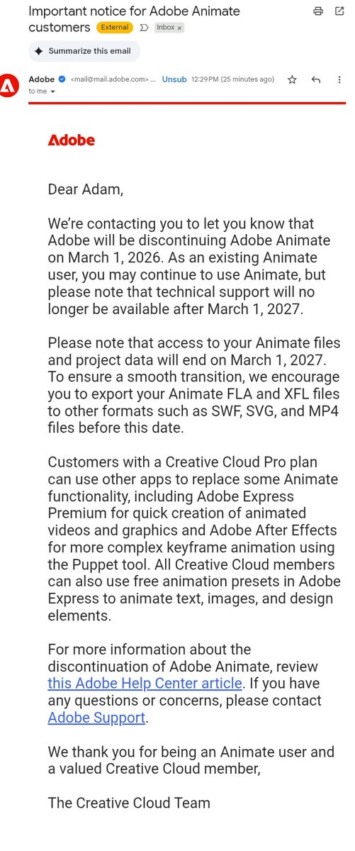 Adobe Animate, previously known as Flash is being discontinued. You wont even be able to use it after March 1st, 2027. Their subscription model was not only a horrible business practice, but now we cant use the software at all? How is this considered ok <a href="/Adobe/">Adobe</a>