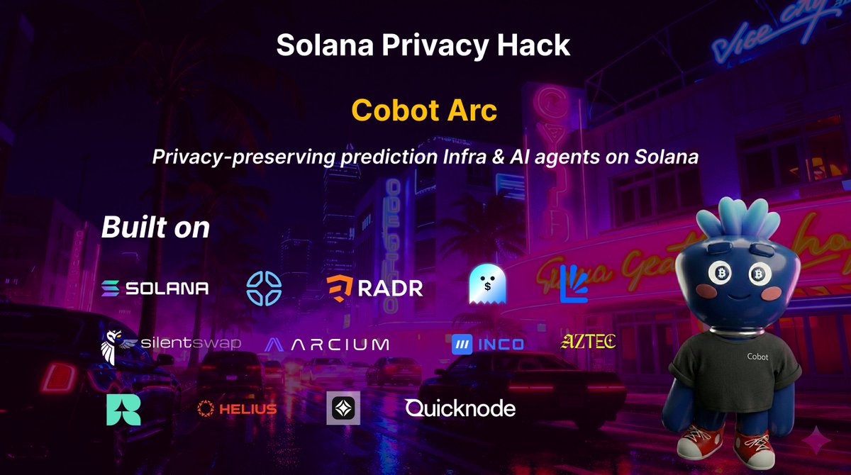 Introducing Cobot Arc, Privacy-preserving prediction markets &amp; AI agents on <a href="/solana/">Solana</a> , powered by <a href="/dflow/">DFlow</a> <a href="/Kalshi/">Kalshi</a> 

The problem? Every trade you make is public. Your wallet = your identity. Your positions = your alpha leaked.

We built something different for the Solana Privacy
