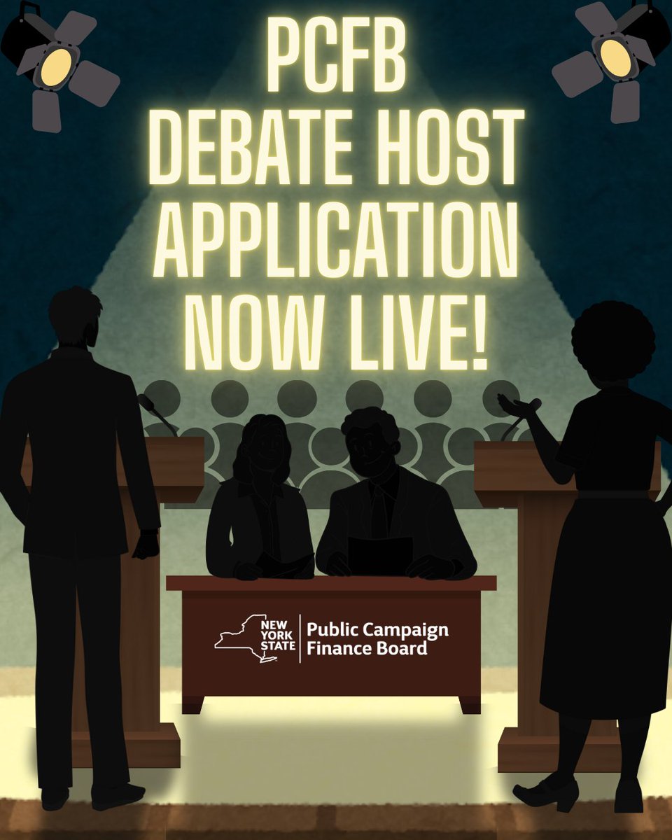 NYSPCFB's tweet photo. Interested in hosting a debate this year for candidates for statewide office? The debate host application is now LIVE! Access the debate application at https://t.co/8jO5S8eFP2. All applications must be submitted by March 2, 2026. https://t.co/uOJUKaTqAt