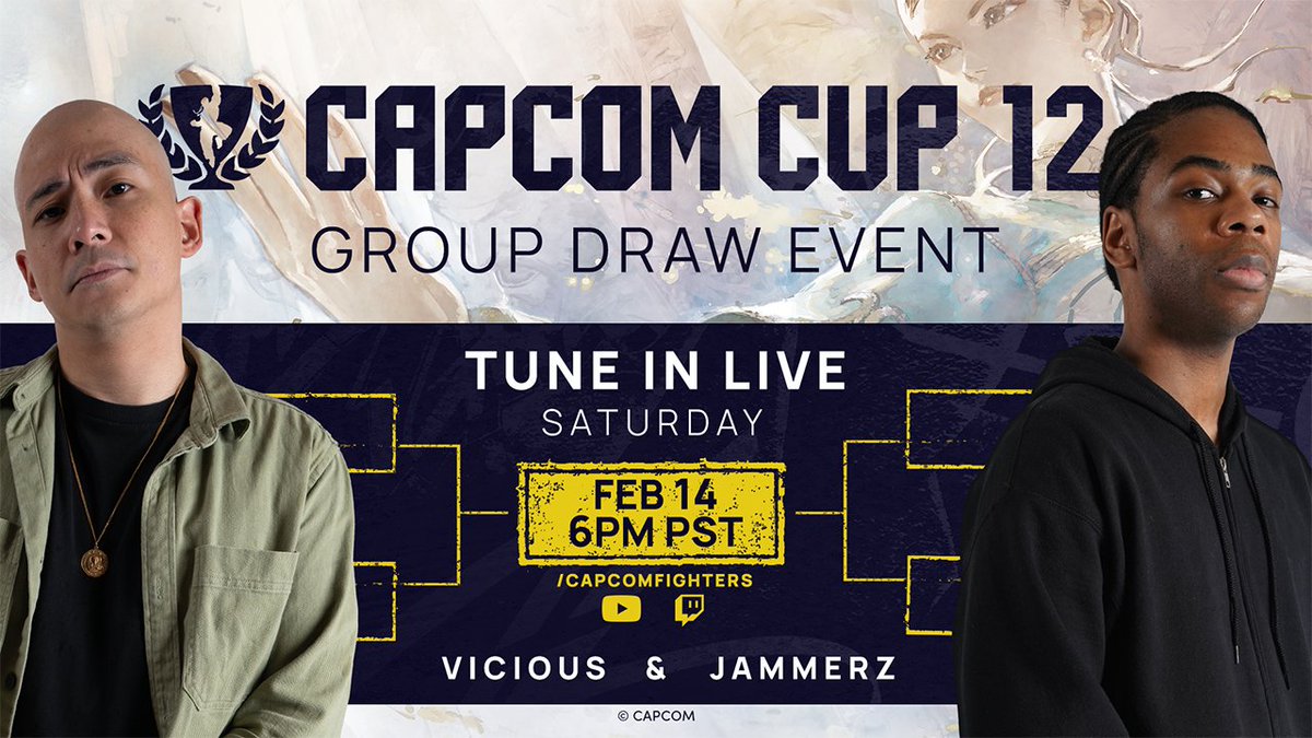 ⚡ It’s almost #CAPCOMCUP12 time.

Join us next Saturday, Feb. 14 at 6PM PST for the seeding stream, with <a href="/ViciousFGC/">Jeremy</a> &amp; <a href="/HdJammerz/">Jammerz</a>.

The bracket is about to take shape. 👀

🟣: Twitch.tv/CapcomFighters
📺: youtube.com/live/DxrihLa17…