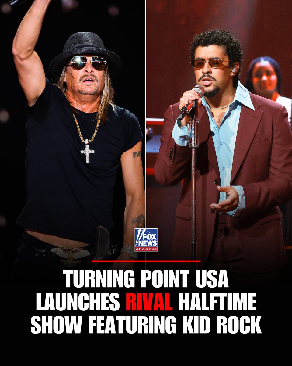 FoxNews's tweet image. GOING LONG: Turning Point USA is rolling out a patriotic alternative to the Super Bowl halftime show — celebrating faith, family and freedom.

"The All-American Halftime Show" will feature performances from country music stars Kid Rock, Brantley Gilbert and Lee Brice.

It will…