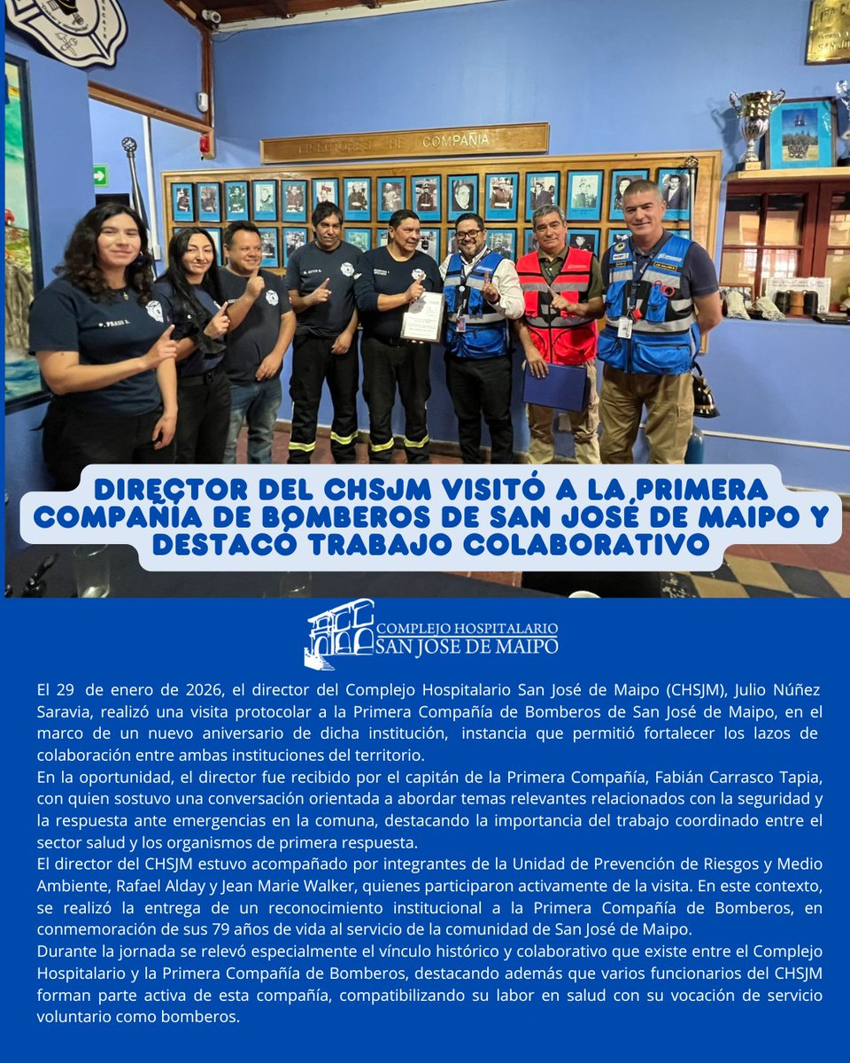 🚒🤝 CHSJM fortalece trabajo colaborativo con Bomberos de San José de Maipo
El 29 de enero de 2026, el director del Complejo Hospitalario San José de Maipo, Julio Núñez Saravia, realizó una visita protocolar a la Primera Compañía de Bomberos de San José de maipo