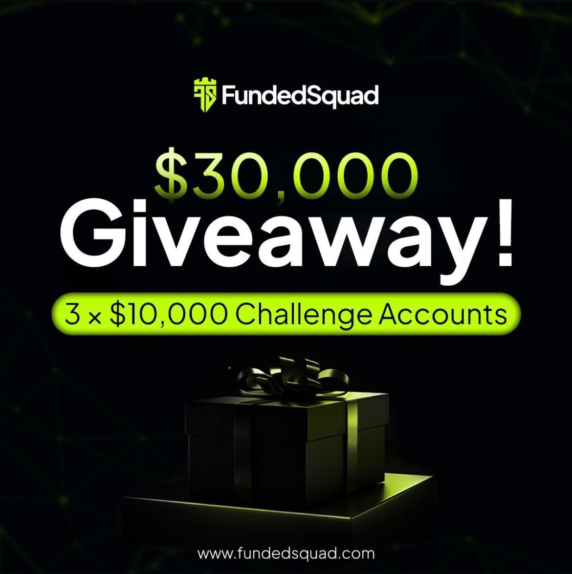 🚨 FundedSquad Giveaway 🚨
 3 × $10,000 Two-Step Accounts! 🚀
STEPS TO ENTER:
 1️⃣ Like FundedSquad’s pinned post
 2️⃣ Repost FundedSquad’s pinned post
 3️⃣ Comment on FundedSquad’s pinned post (no bot comments!)
 4️⃣ Comment “Done” on this giveaway post and attach screenshots
🔗