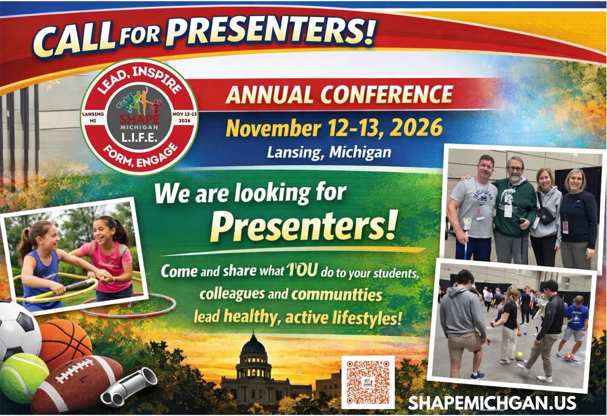 MAHPERDMichigan's tweet photo. The SHAPE Michigan fall conference is November 12th &amp; 13th!  Are you interested in sharing your knowledge and expertise?Go to https://t.co/6NSOkmSi35 or scan the QR code below.   https://t.co/IzyyOpQG48 or https://t.co/FbINRgZzrk