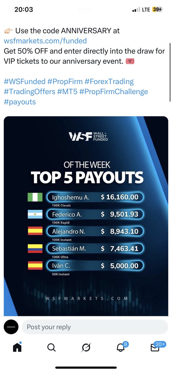 Posting someone as your top5 payout when you’ve not paid them is pure scam and deceit 

Why issue a payout certificate when you’ve not paid out funds to the trader?? 

Pay the trader his funds as you’ve made the public believe you’re a trusted firm 

<a href="/WSFunded/">Wall Street Funded</a>