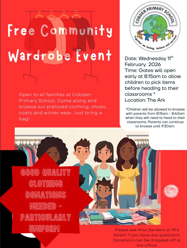 We are pleased to announce that we will be holding another 🌟FREE 🌟Community Wardrobe event next Wednesday 11th of February before school in the Ark. Please come along and browse our selection of preloved clothing 🥼👕👖👗👚