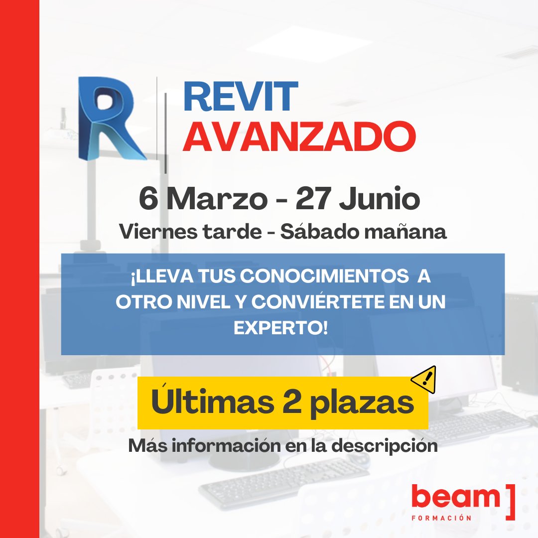 ¡Quedan las últimas 2 plazas para nuestro Curso de Revit Avanzado!

⏳ No dejes pasar esta oportunidad de dominar BIM.

¡Inscríbete hoy!
➡️ beamformacion.com

#Revit #BIM #Formacion #CursoRevit #Arquitectura #Ingenieria #Construccion #Diseño