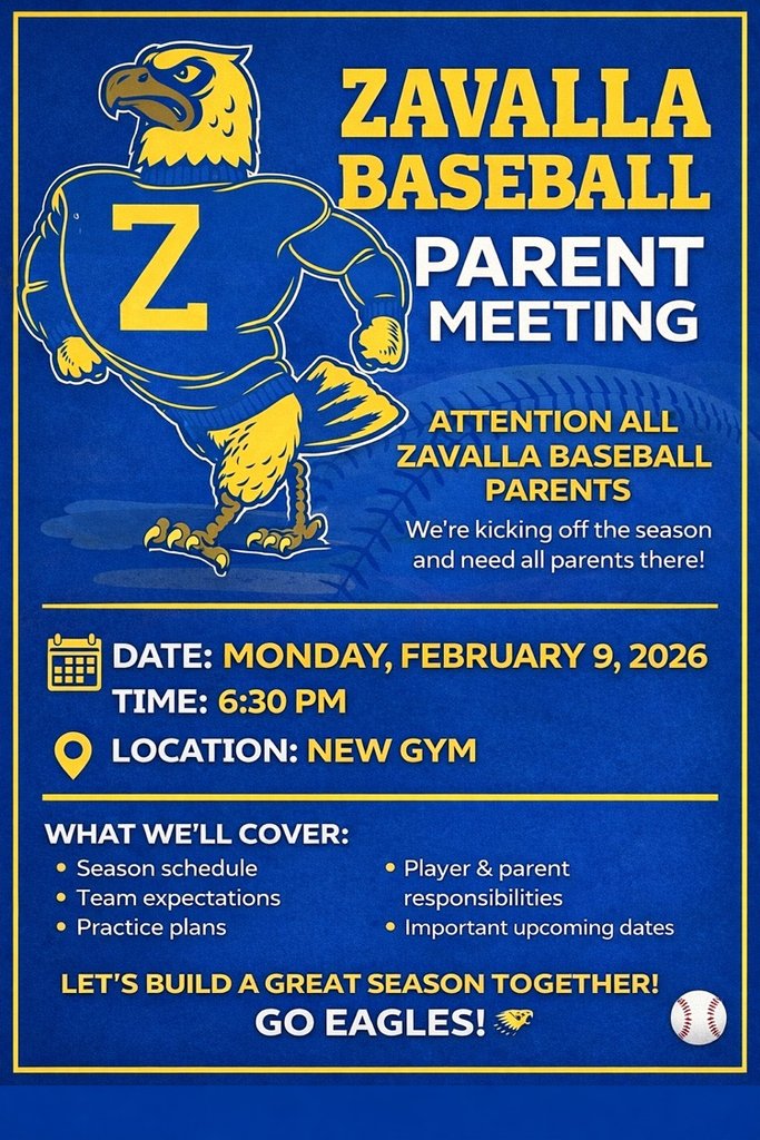 ⚾️ Baseball Parent Meeting ⚾️

⏰ 6:30pm

📍Main Gym