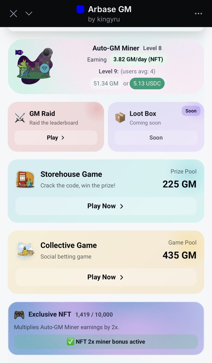 Arbase GM on <a href="/baseapp/">Base App</a> just keeps leveling up, and <a href="/kingyru/">Investkingyru.ton</a> is the madman shipping heat non-stop by implementing game after game 🔥

Started as daily GM claims + streaks → exploded into a merge game where you burn GM to craft watermelons, hit insane merge streaks, climb XP