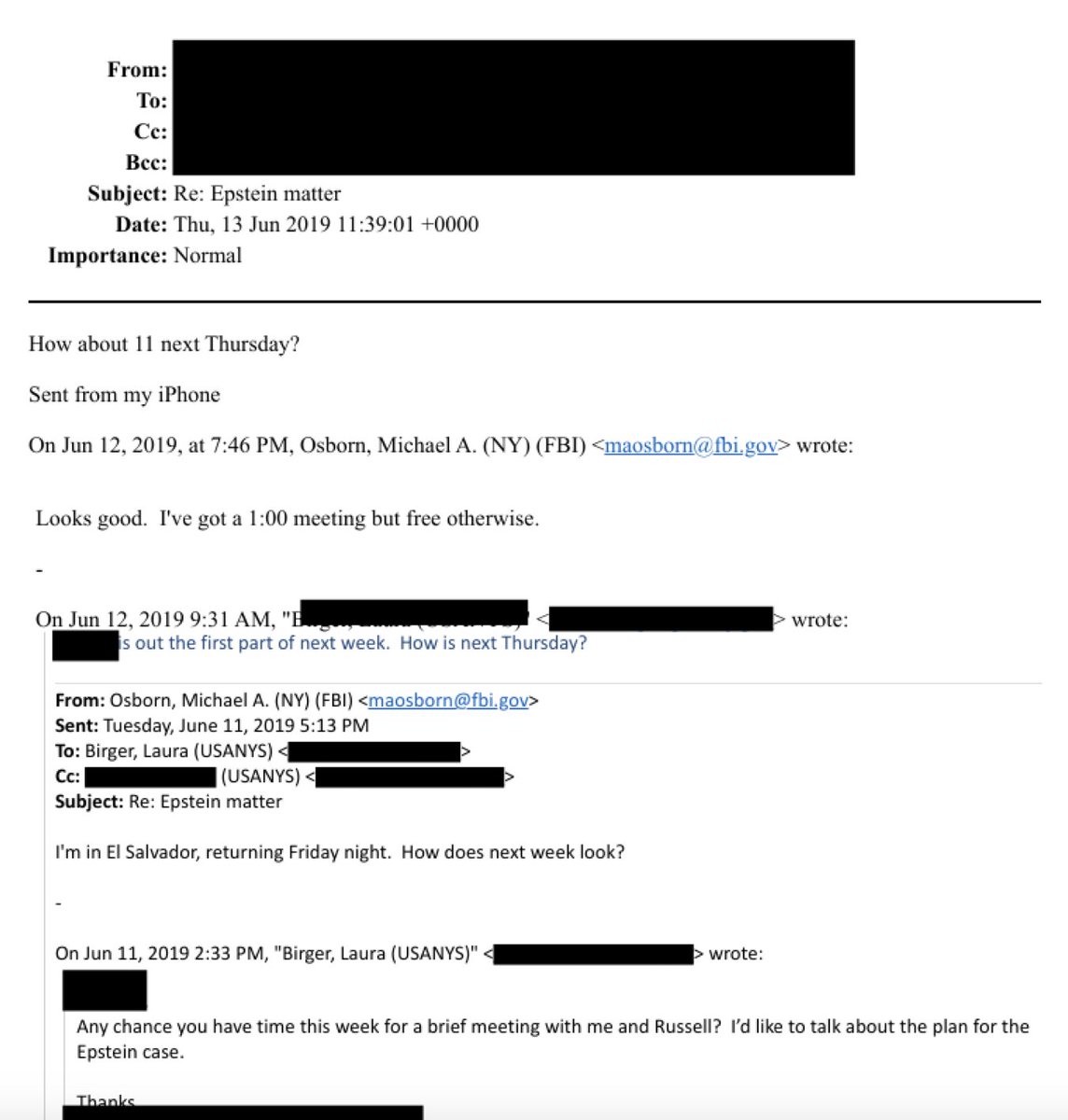 En Junio de 2019 Laura Birger y Russell Capone trabajan como fiscales en el caso Epstein. Quien contesta que estaba en El Salvador es Michael A. Osborn, de la Unidad de Crímenes Violentos contra Menores del FBI. 
Qué andaba haciendo Osborn en El Salvador, sepa Judas.