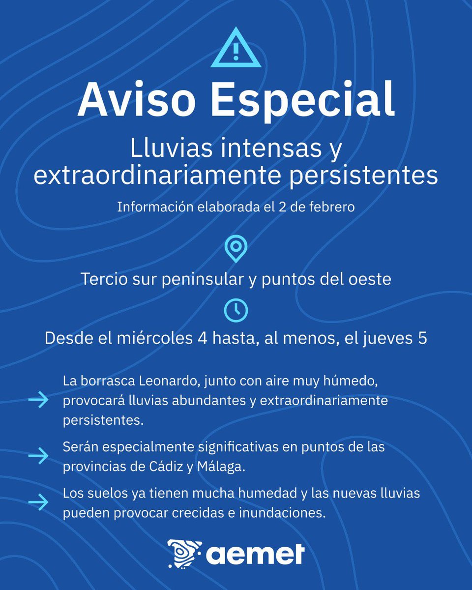 InfoMeteoTuit's tweet image. ⚠️ 🌧️ Aviso Especial de #AEMET desde el Miércoles 4 hasta, al menos, Jueves 5 por #lluvias intensas y extraordinariamente persistentes con la llegada de la #BorrascaLeonardo en el tercio S peninsular y zonas del W. #FMA