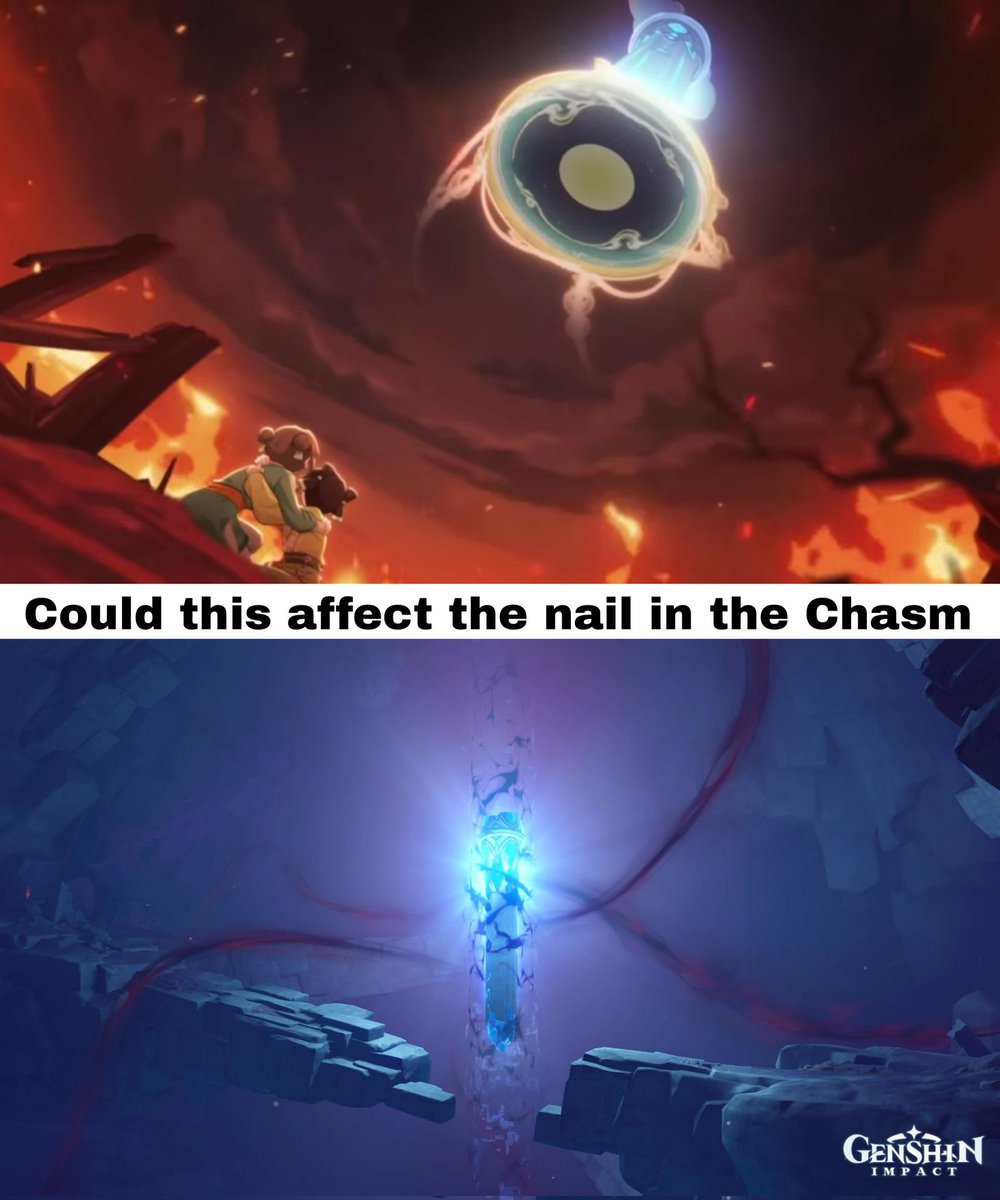 teyvattabloid's tweet photo. It implied that the Chasm is where Lang Gan used to be.

The nail was dropped to stop the Abyss.

Zibai trying to stall the nail from destroyed Lang Gan.

Thousand years later, Traveler found the nail is bounded by the Abyss power.

That nail also has created some weird anomalies 

Could the action of stalling the nail making it not working properly and allow the Abyss to corrupted it 

So Zibai unintentionally causes more harm to the people 

©️ u/huflit1997

#Genshinlmpact #Genshin #GenshinMemes