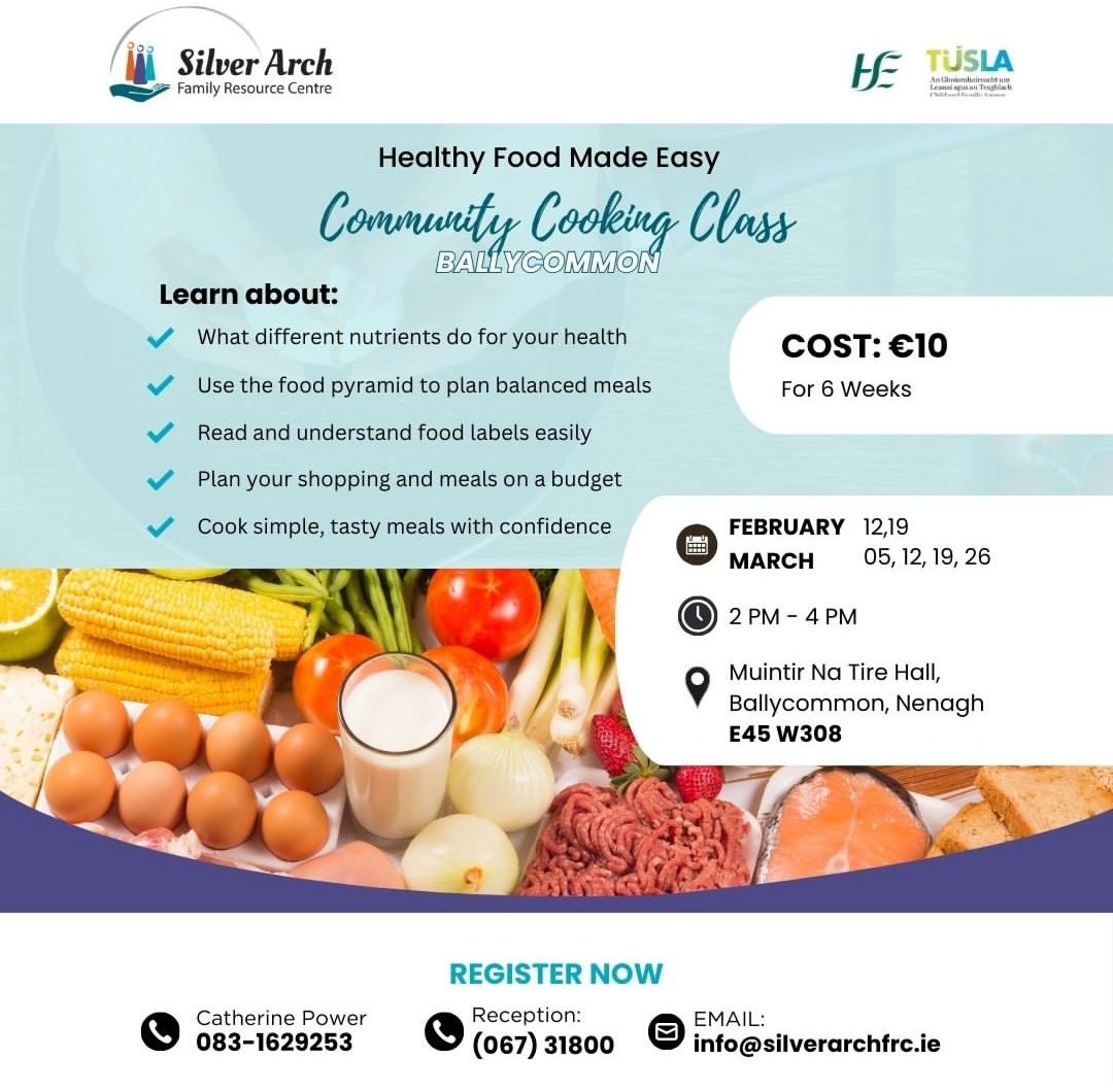 MuintirN's tweet photo. 👩🏻‍🍳👨🏻‍🍳#HealthyFood Made Easy with @silverarchfrc in the @MuintirN hall, #Ballycommon👨🏻‍🍳👩🏻‍🍳

Commencing Thursday, 12th February. 2 - 4 p.m.
1️⃣0️⃣ euro for all 6 weeks. 

@NenaghGuardian

#community #support #muintearas https://t.co/RVtrTyoftK