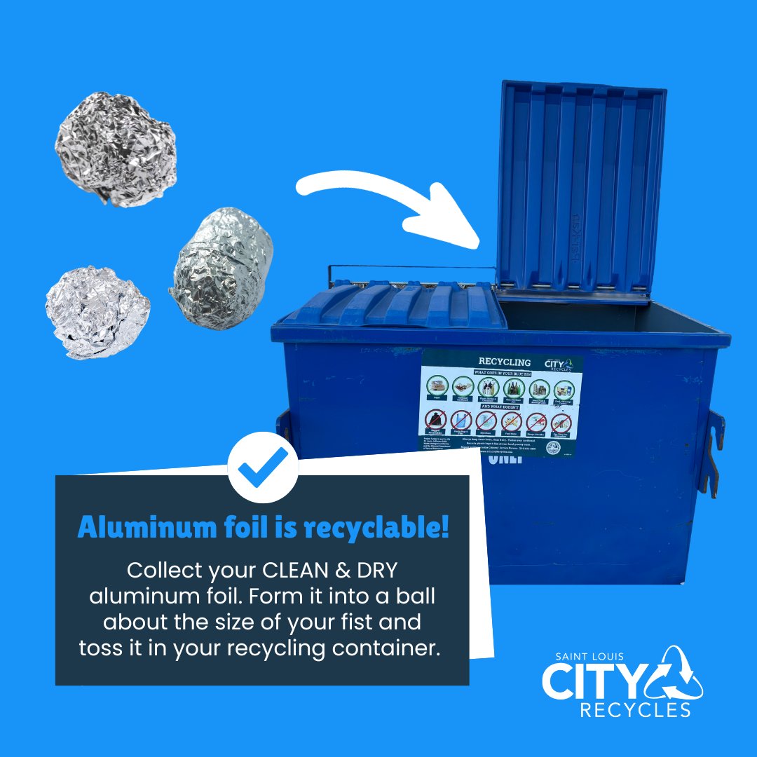 Did you know aluminum foil is accepted in City recycling?! Form your clean &amp; dry foil into a fist-sized (or bigger) ball and toss it in with the rest of your recycling.
#Aluminum #Foil #STL #STLCity #RecycleCoach #STLCityRecycles
