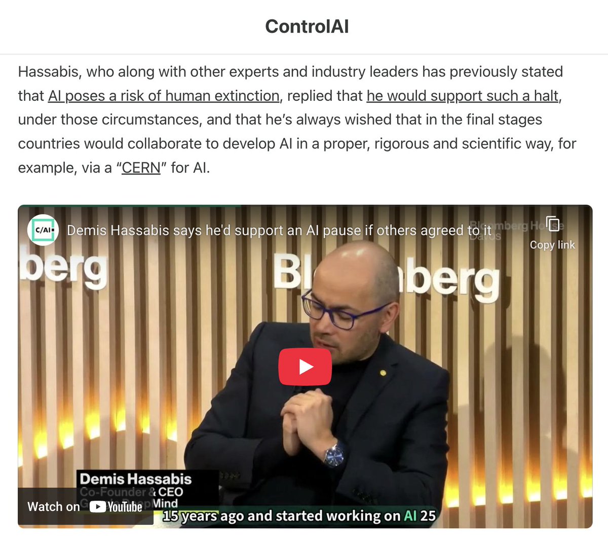 Top AI CEO Demis Hassabis says he'd back a halt to the race to superintelligence if others agreed.

Given the extinction risk posed by superintelligence, which he's warned of himself, it's good to see him say this.

But a voluntary pause isn't what we should bank on.

Thread 🧵