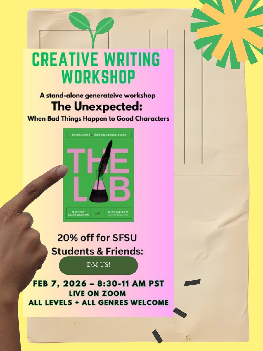 sfsucw's tweet photo. Join Matthew Clark Davison &amp; Alice LaPlante on February 7th from 8:30 - 11 AM PST for a creative #writingworkshop!

🌟Students &amp; friends of #SFSU are invited with a special 20% discount! DM us for the code!

📎https://t.co/GEHrNBdIId https://t.co/rPoiu83gSZ