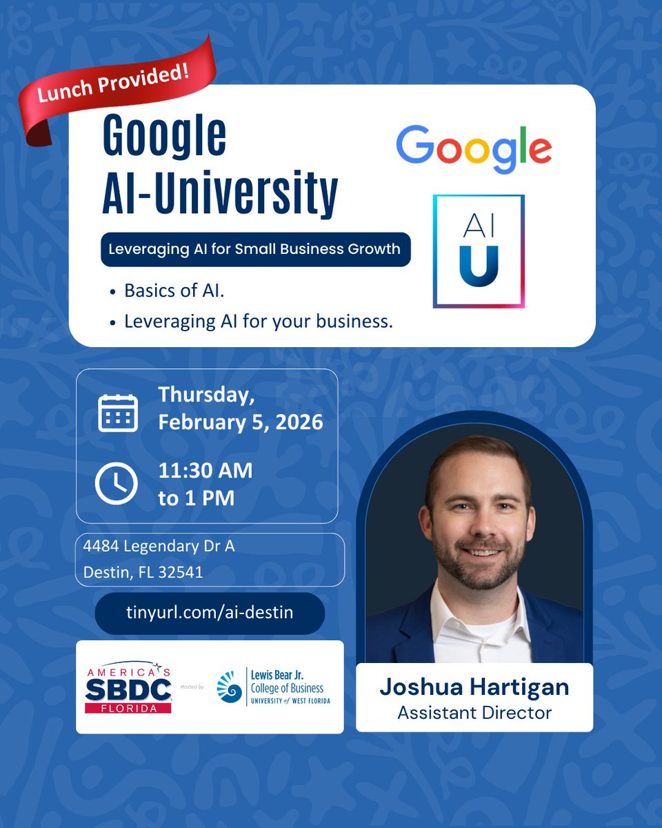 FloridaSBDC_UWF's tweet image. Destin Small Business Owners: Learn to use AI to save time &amp;amp; boost growth! 🚀 Join our Google AI University workshop November 21st. Get practical, actionable steps for AI adoption. Lunch will be provided. Register now! monkeylink.co/b8a3cb
#Pensacola #SmallBusiness #AITraining