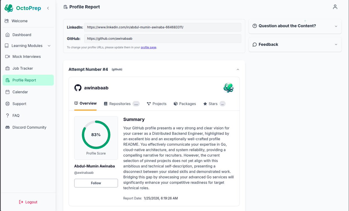 abdul_mumin_aw's tweet photo. A few weeks ago at @OctoPrepAI, we were taught how to optimize our social media profiles to reflect our expertise and the kind of roles we want for our job search.

The AI Review tool walked me through every step of the way, giving me constructive feedback on areas where my profile was lacking.

After several attempts at optimizing my profile, the only thing left for me to do now is to build projects that demonstrate my ability.

Now that I know exactly what to do. All that is left is to do it!