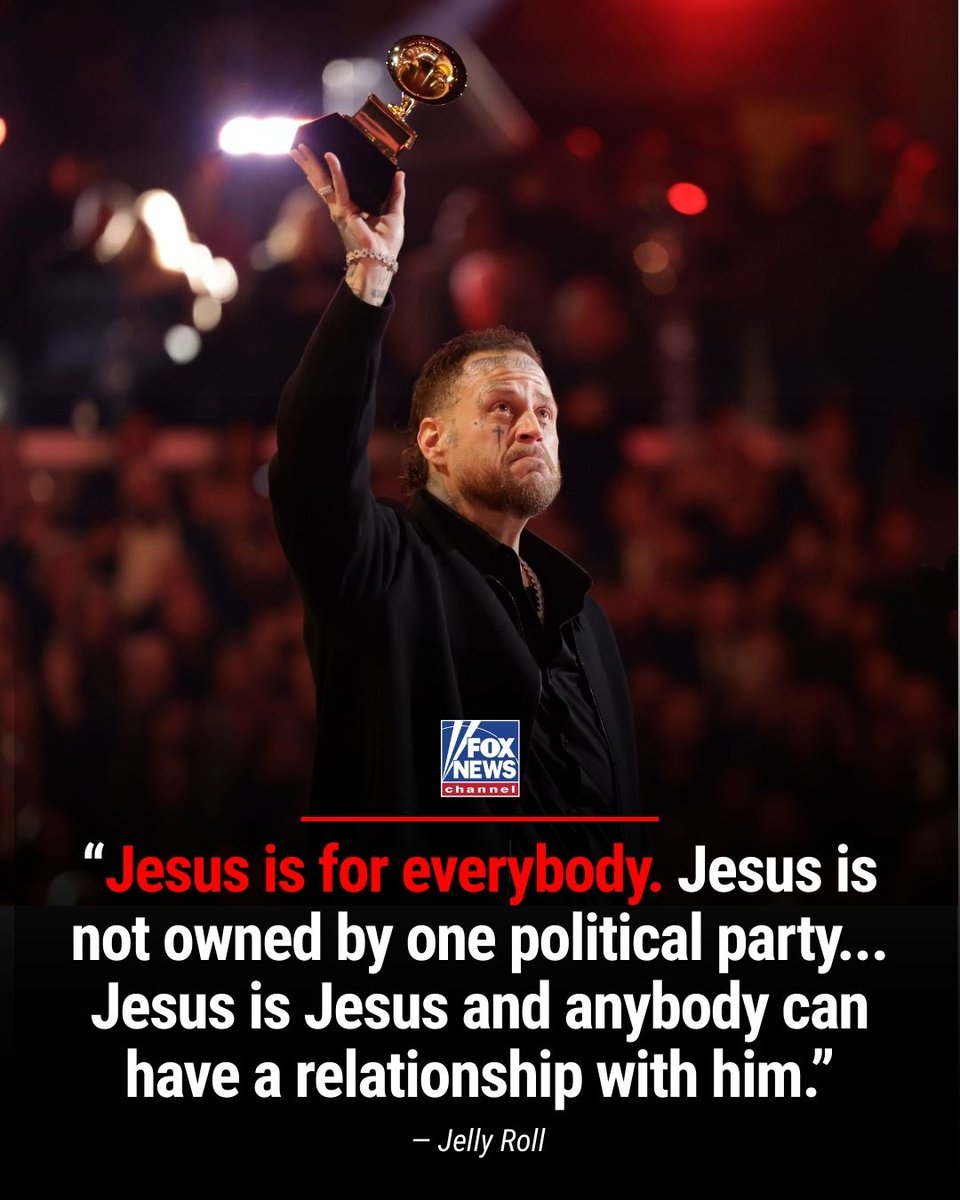 FoxNews's tweet image. HOLY GROUND: Jelly Roll gives a passionate, faith-filled speech while accepting his Grammy for Best Contemporary Country Album.