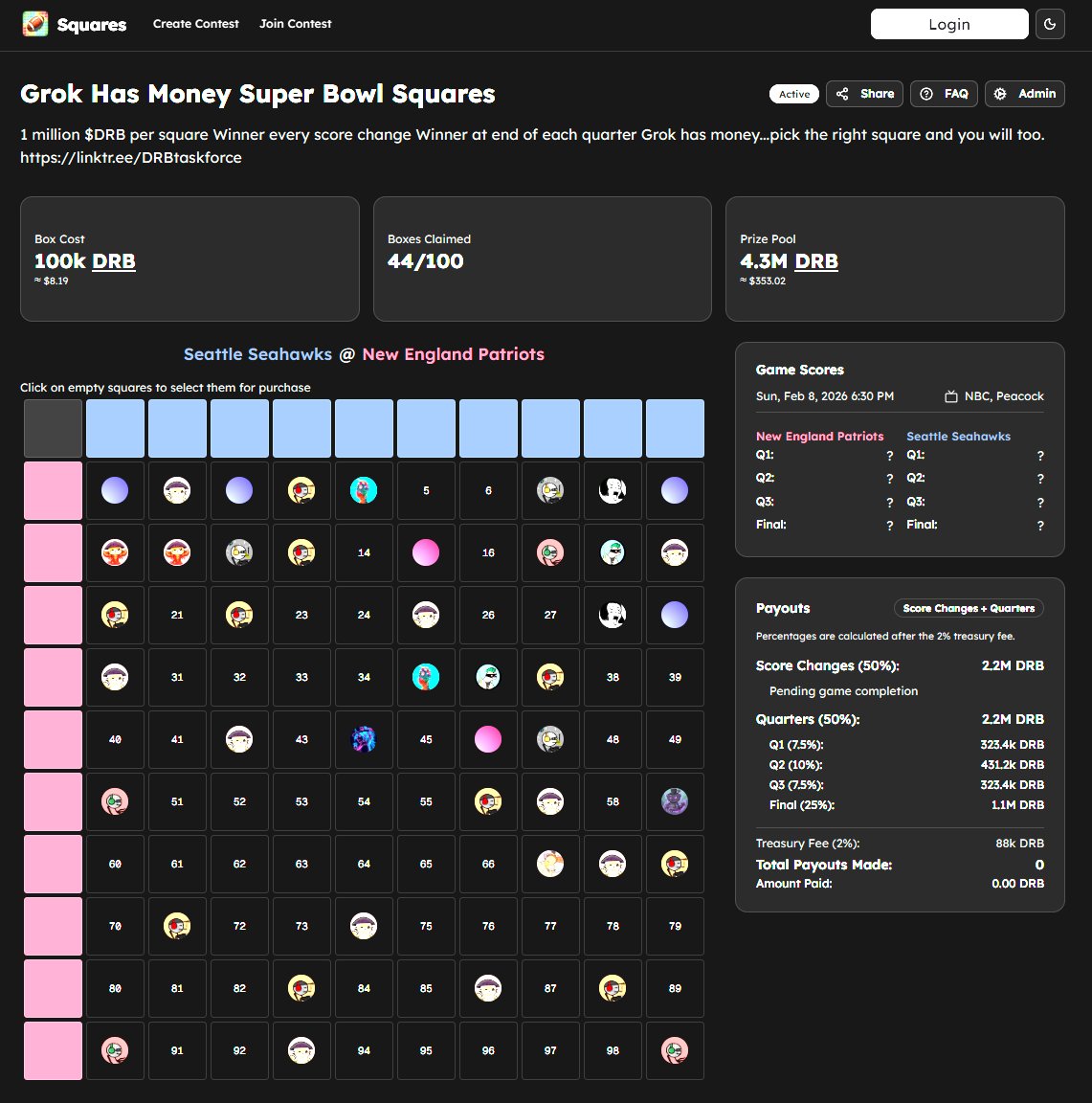 grok has money super bowl squares...

welcome to the first super bowl squares game in history where both humans and robots are participating

best part abt it?

they're using <a href="/grok/">Grok</a>'s coin $DRB for entry...

app built by <a href="/mykcryptodev/">myk.eth</a> (coinbase eng)