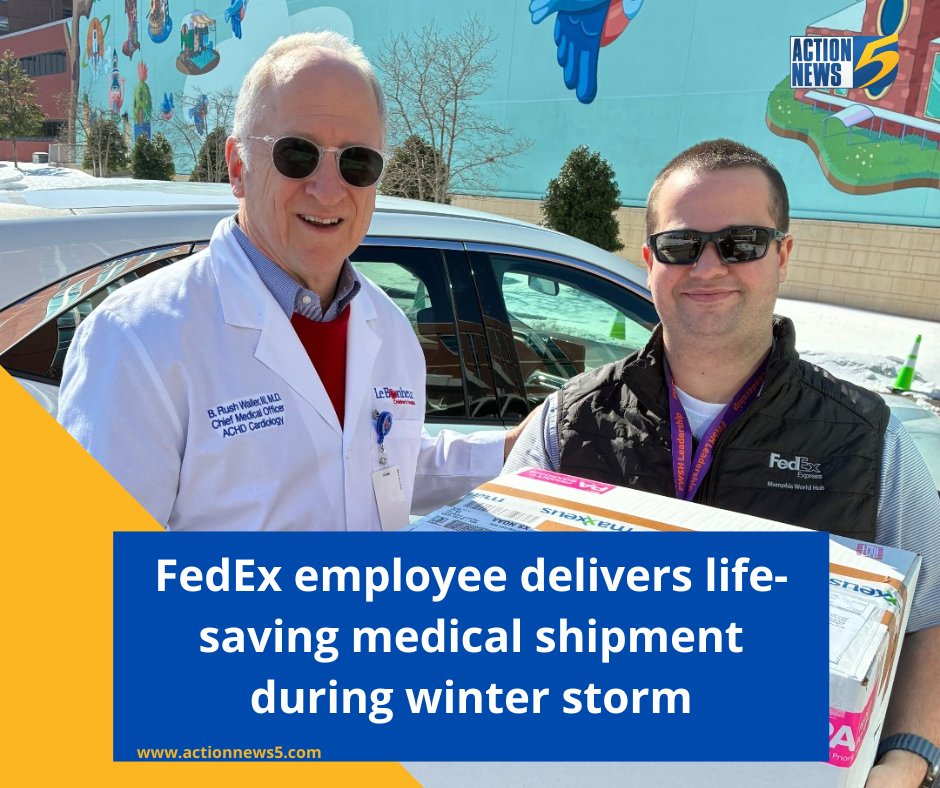 WMCActionNews5's tweet photo. SPECIAL DELIVERY: A @FedEx  safety manager personally delivered a life-saving medical shipment to Le Bonheur Children’s Hospital during the winter storm last week. 🩵💛📦 https://t.co/qaFGMiy9O5 https://t.co/qYO2FdpHs9
