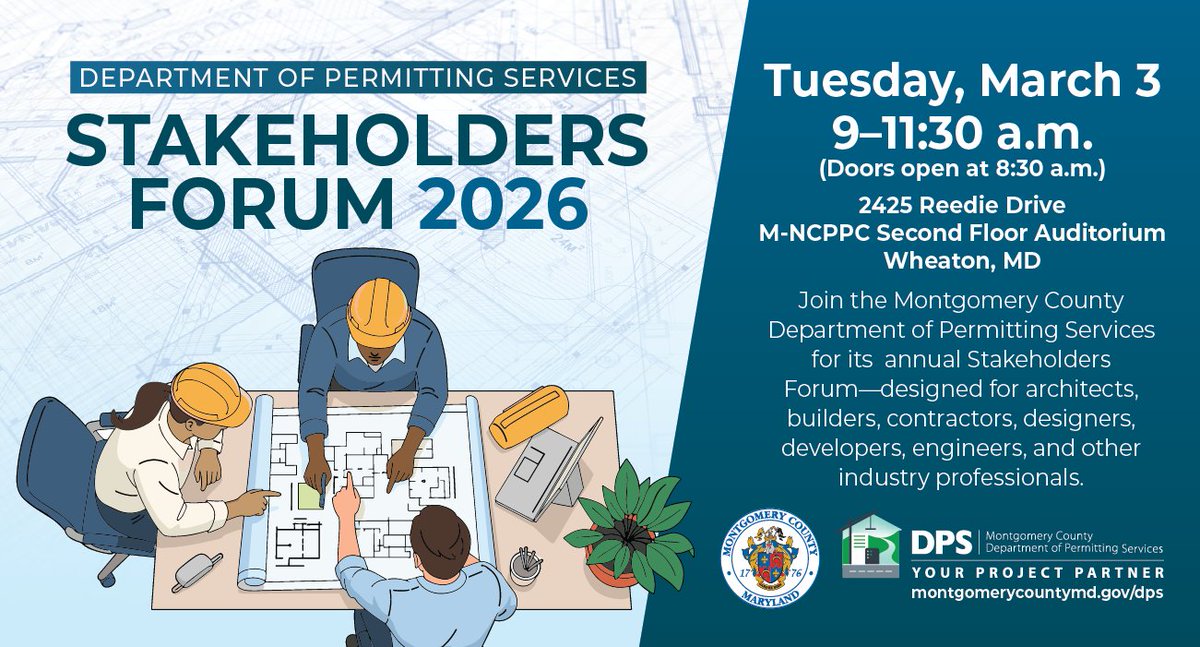 🆕 Registration is now underway for the Montgomery County Department of Permitting Services (DPS) Stakeholders Forum, which is set for Tuesday, March 3, in Wheaton. Read the news release for details.  
📰 ow.ly/khmL50Y7K6A