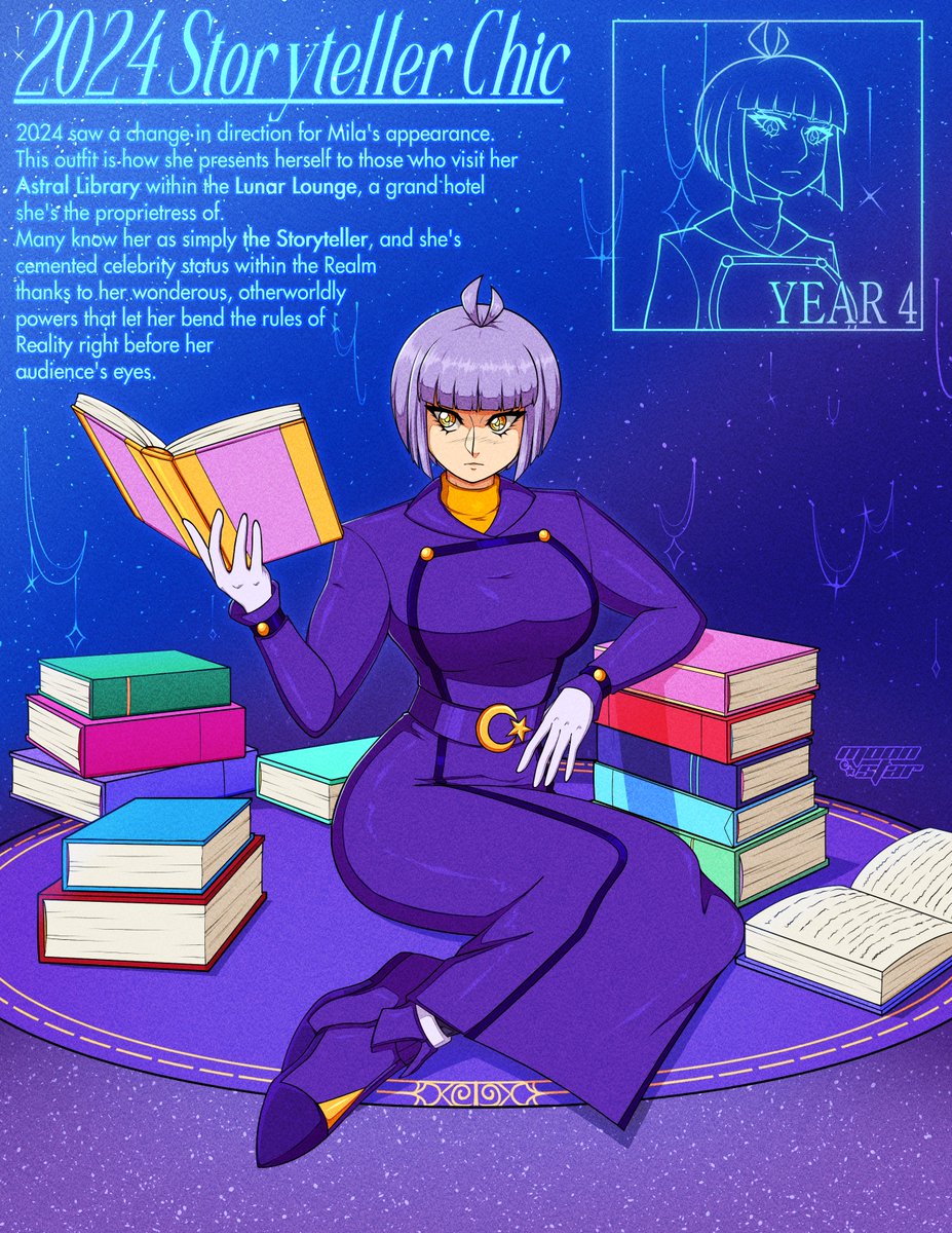 Mila Monday No. 5 ~ Year of Storytelling
A slight design overhaul that happened in 2024 thanks to me finally solidifying most of Mila's lore, that being that she's a librarian that presents herself differently to the public