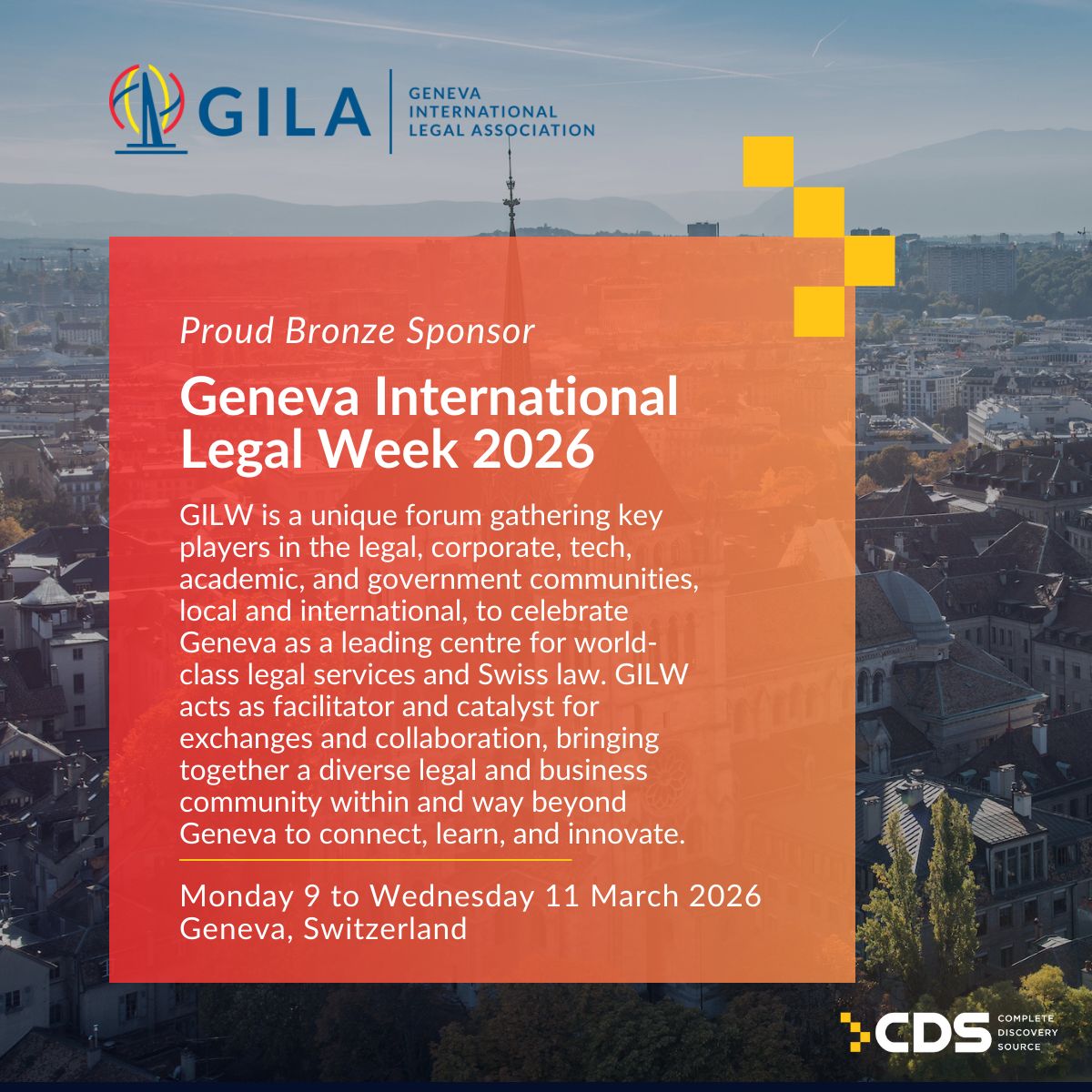 CDS is heading to Geneva.

We’re proud to be a Bronze sponsor of Geneva International Legal Week 2026, where our own Kevin Chacon will be attending and engaging with peers across the global legal community.

March 9–11 | Geneva, Switzerland

Find out more: cdslegal.com/event/geneva-i…