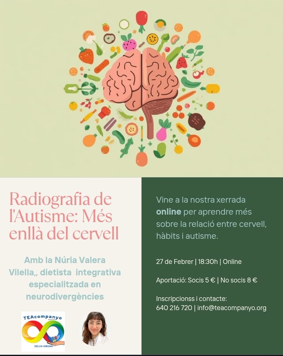 Radiografia de l'Autisme: Més enllà del cervell 🧩🍏
Des de TEAcompanyo t'animem a participar en la propera xerrada online
​Una sessió x descobrir com la nutrició impacta directament en el sistema nerviós i el benestar global de les persones amb TEA forms.gle/8KsyaUfUY9q7u1…