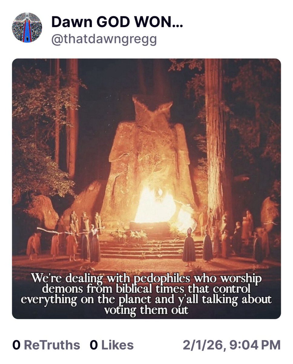 Pour finir la journée:
"Nous sommes face à des pédocriminels qui vénèrent des démons de l'époque biblique et qui contrôlent tout dans le monde et vous en êtes encore à vous demander pour qui voter pour vous en débarrasser."